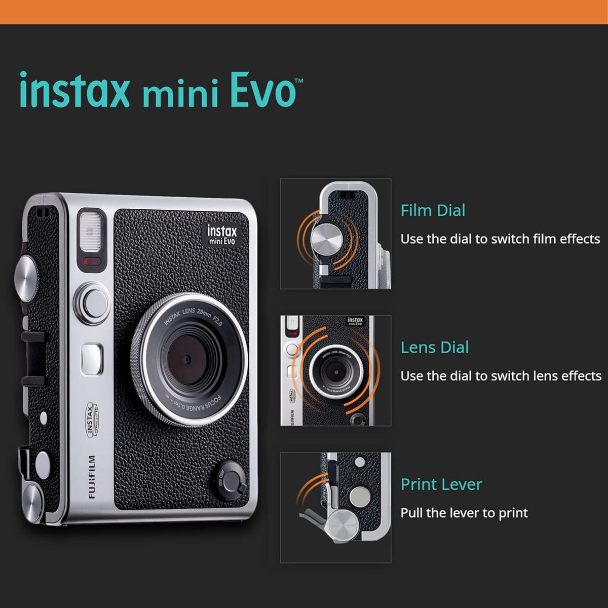 Appareil photo instantané Fujifilm Instax Mini EVO Hybrid - Noir | Pack de 2 films instantanés Instax Mini | Carte microSD 32 Go doté de adaptateur | Étui - Noir pour appareil photo