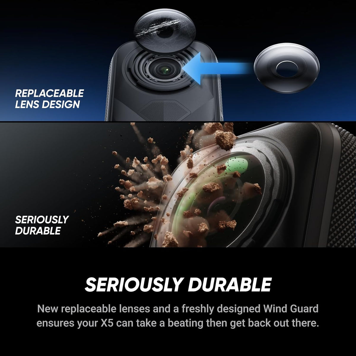 Insta360 X5 - Caméra d'action 360° 8K étanche, performante en basse lumière, effet perche à selfie invisible, objectif robuste et remplaçable, autonomie de 3 heures, stabilisation anti-vent intégrée, triple puce IA – Présentation
