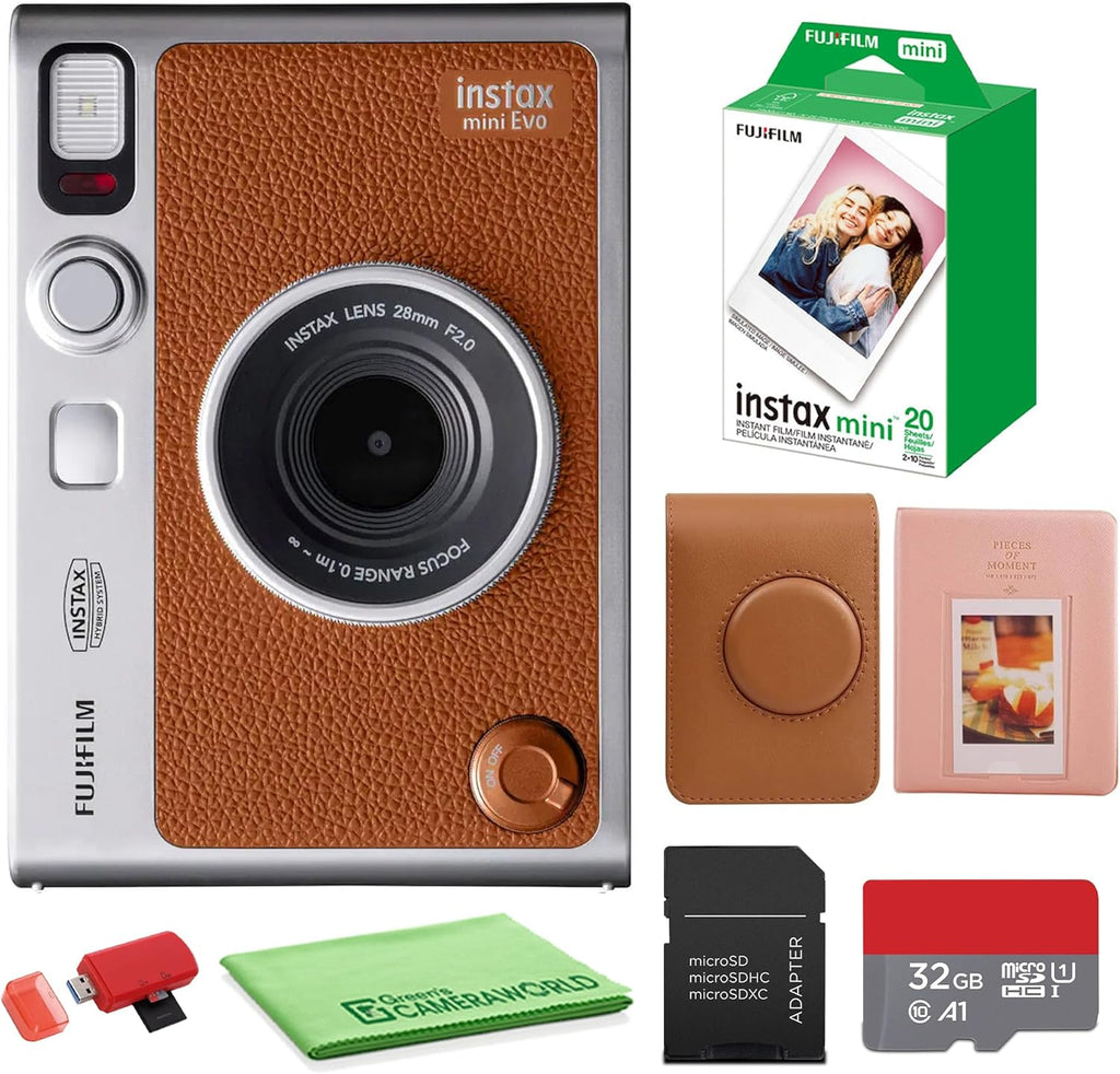 Appareil photo instantané hybride FUJIFILM INSTAX MINI EVO (marron) doté de pack de 20 films instantanés Fuji Instax-Mini, carte de stockage 32 Go, étui de transport, album photo 64 pochettes et chiffon de nettoyage.