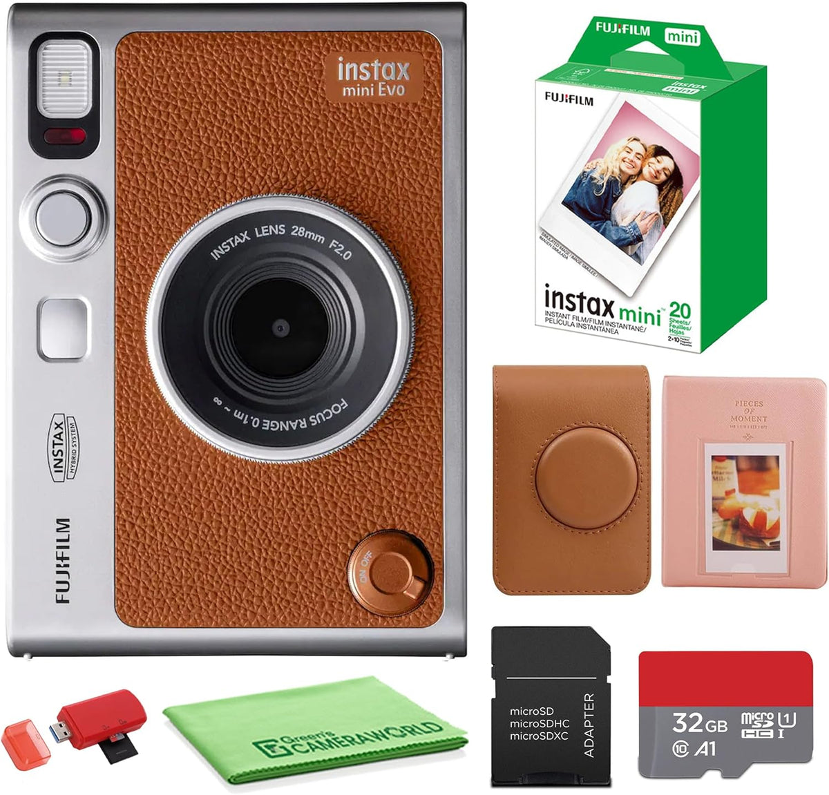 Appareil photo instantané hybride FUJIFILM INSTAX MINI EVO (marron) doté de pack de 20 films instantanés Fuji Instax-Mini, carte de stockage 32 Go, étui de transport, album photo 64 pochettes et chiffon de nettoyage.