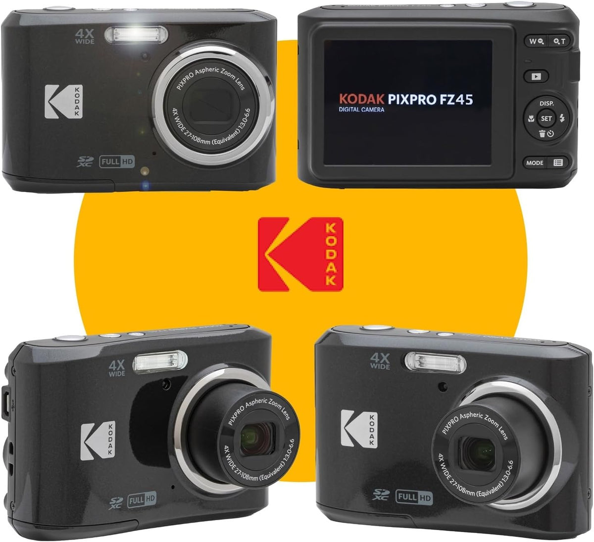 Kodak PIXPRO FZ45 Appareil photo numérique, carte mémoire 32 Go, étui, monopode extensible, stylo de nettoyage d'objectif, protections d'écran LCD, trépied de table – Pack ultime (– Noir)