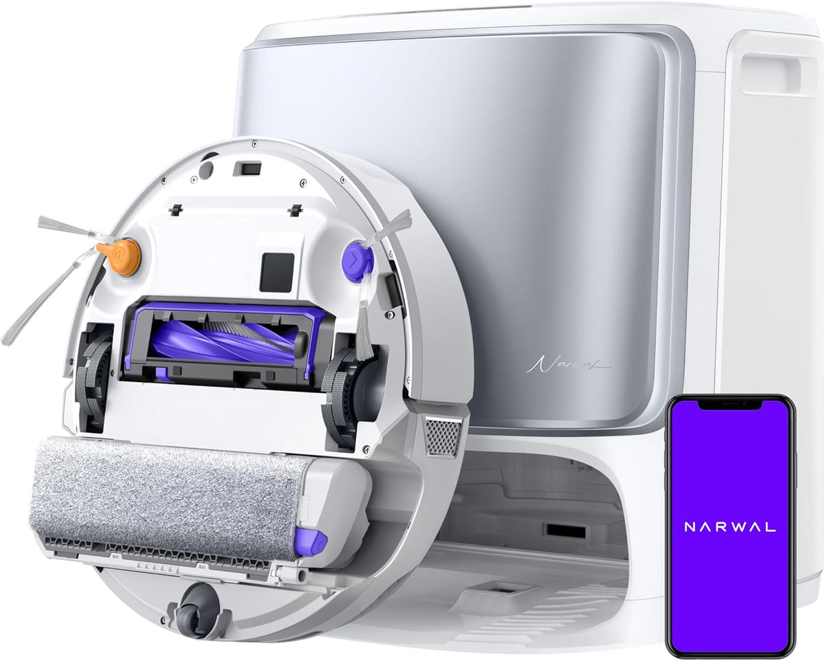 Aspirateur robot laveur NARWAL Flow, système de nettoyage automatique en temps réel FlowWash, aspiration de 22 000 Pa, détection d'obstacles par IA à double caméra, nettoyage des tapis et des bords, vidage automatique du bac.