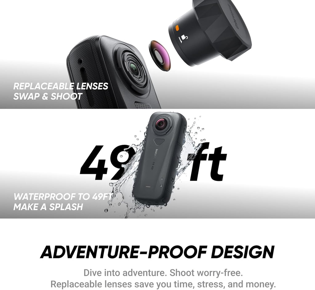 Pack multivue ultime Insta360 X4 Air pour moto - Caméra 360° 8K légère (165 g), perche à selfie invisible, objectifs interchangeables, prise de vue avant cadrage, protection anti-vent intégrée, stabilisation – Présentation