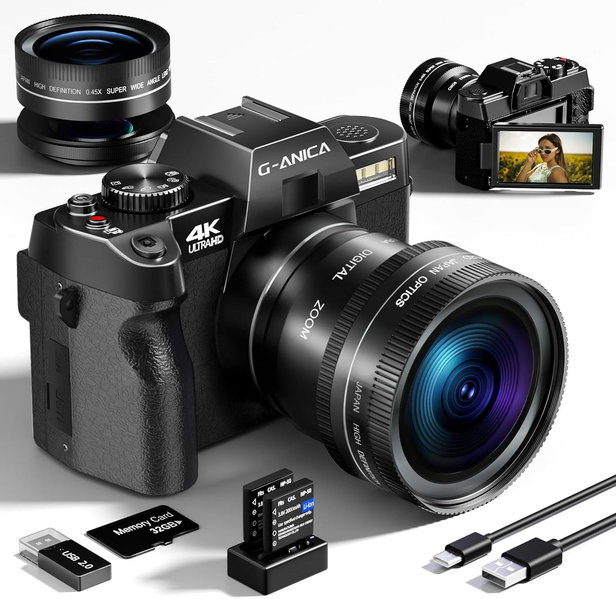 Appareil photo digital avec Wi-Fi et application de contrôle, véritable caméra de vlogging 4K et 48 MP pour YouTube, compacte, zoom 16x, autofocus, stabilisation vidéo, adapté à les débutants, objectifs macro et grand angle