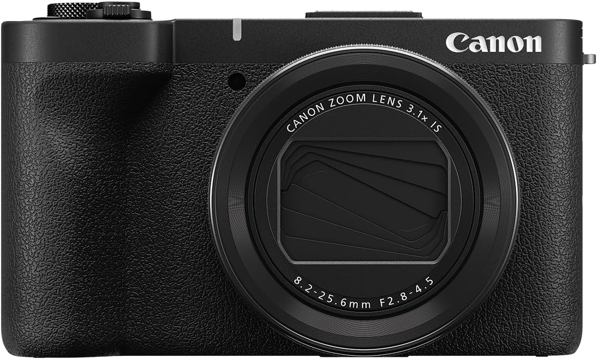 Appareil photo hybride Canon PowerShot V1 : objectif zoom ultra grand-angle intégré, vidéo 4K, vlogging, streaming en direct, création de contenu, design compact.