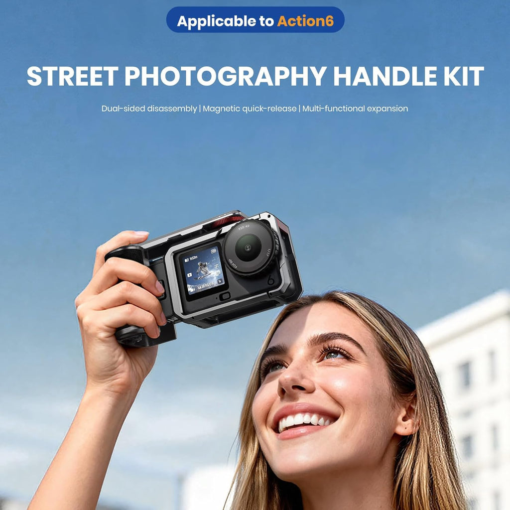 DJI Osmo Action 6 Essential Combo doté de poignée pour la photographie de rue. Caméra sportive doté de capteur carré 1/1,1″, ouverture variable de f/2.0 à f/4.0, enregistrement vidéo 8K, idéale pour une utilisation quotidienne.