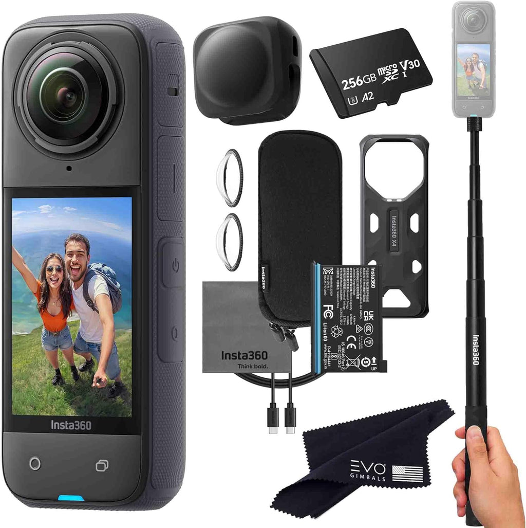 Kit Insta360 X4 Basic - Caméra d'action 360° étanche 8K doté de capteur 1/2" 48 MP, vidéo HDR 360° 8K, photo 360° 72 MP, objectif unique 4K | Le pack comprend une perche à selfie et un cache-objectif (256 Go)