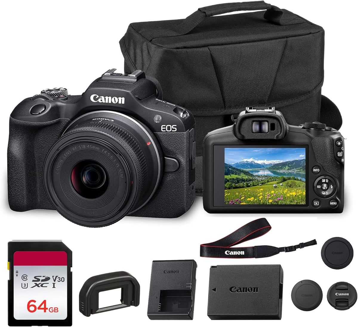 Appareil photo hybride Canon EOS R100 doté de objectif RF-S 18-45 mm f/4.5-6.3 IS STM | Capteur CMOS APS-C 24,1 Mpx | Autofocus Dual Pixel | Vidéo Full HD | Appareil photo compact à monture RF idéal pour débutants, doté de sac et carte mémoire 64 Go