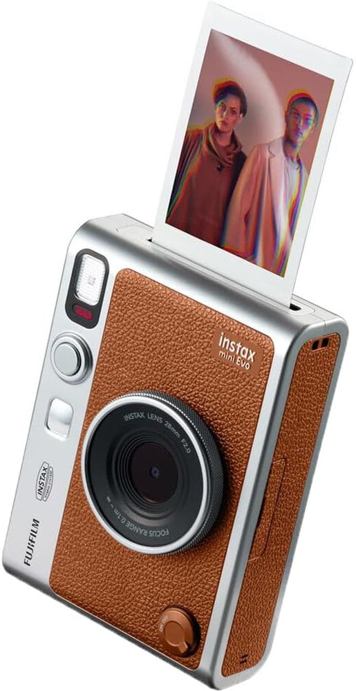 Appareil photo instantané hybride FUJIFILM INSTAX MINI EVO (marron) doté de pack de 20 films instantanés Fuji Instax-Mini, carte de stockage 32 Go, étui de transport, album photo 64 pochettes et chiffon de nettoyage.