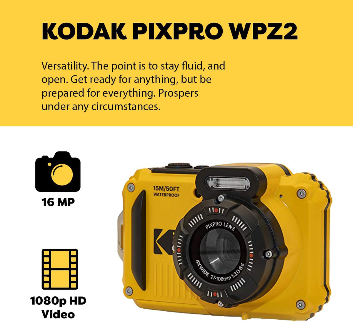 Kodak PIXPRO WPZ2 Appareil photo digital robuste, résistant à l’eau et antichoc 16 MP, grossissement optique 4x, vidéo Full HD 1080p, écran LCD 2,7 pouces (jaune), carte SD 32 Go, étui compact - Noir, dragonne flottante (lot de 7)