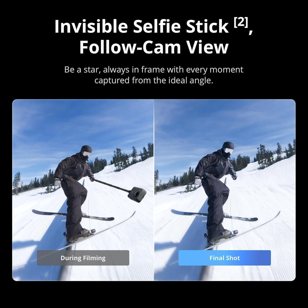 Caméra sportive DJI Osmo 360 pour moto, offrant une vision multi-points de vue (POV) avec un écran de 1 pouce, une caméra 360° 4K/120 ips, un système Boost à 170°, un support robuste et une résolution native 8K.