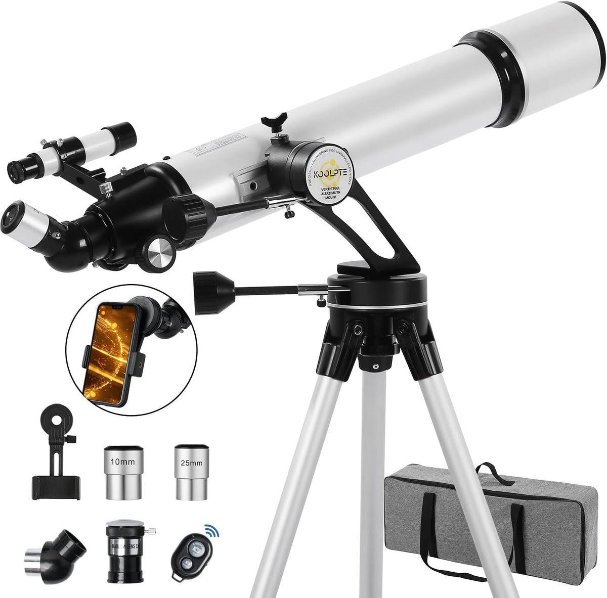 Lunette/télescope de 90 mm d'ouverture et 700 mm de focale doté de monture AZ Vertisteel à mouvement lent. Lunette/télescope haute puissance pour adultes et débutants, idéal pour l'astronomie. Livré doté de sac de transport