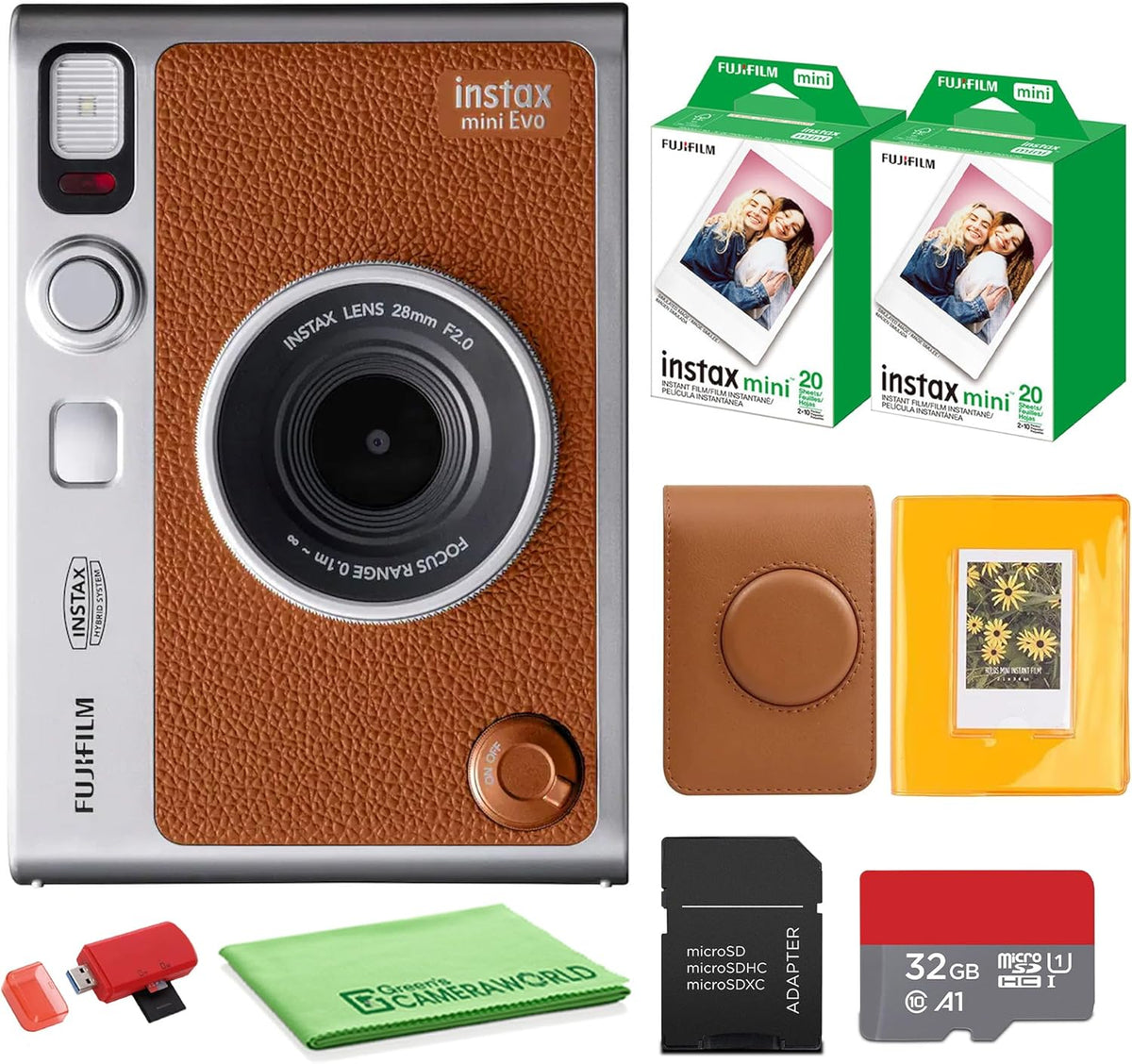 Appareil photo instantané hybride FUJIFILM INSTAX MINI EVO (marron) doté de pack de 40 films instantanés Fuji Instax Mini, carte de stockage 32 Go, étui de transport, album photo 64 pochettes et chiffon de nettoyage.