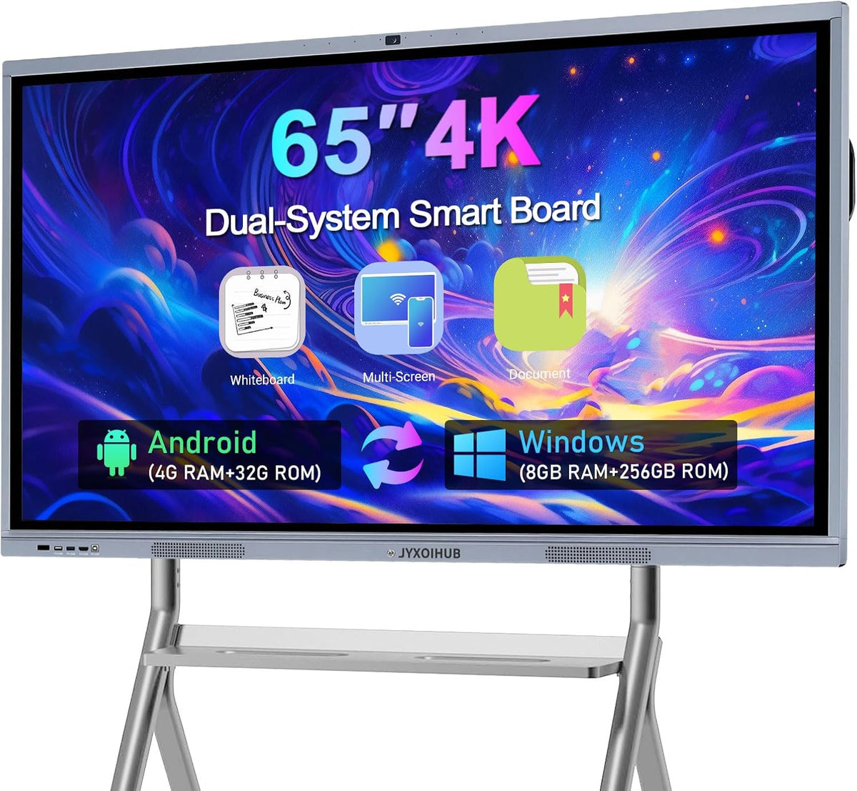 Tableau blanc interactif 4K de 65 pouces doté de système double intégré et caméra 20 MP, idéal pour les salles de classe et les entreprises. Système de visioconférence intégré (tableau seul).