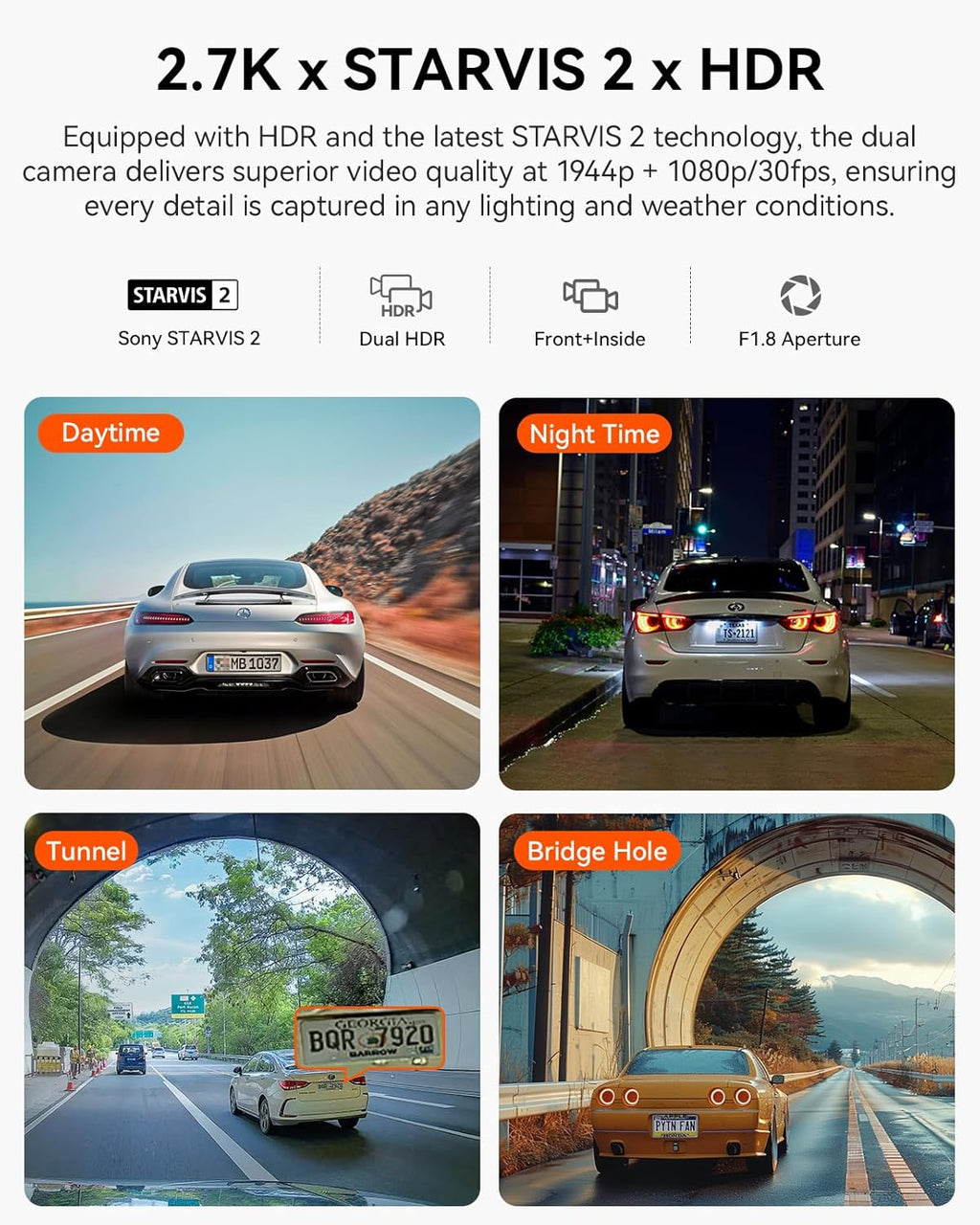 Caméra embarquée Vantrue N2X 2.7K (avant et intérieur) avec double caméra WiFi 5G, vision nocturne infra– Rouge HDR, STARVIS 2, GPS, enregistrement vidéo 2.5K/60 ips, capteur G, mode parking 24h/24 et 7j/7, commande vocale