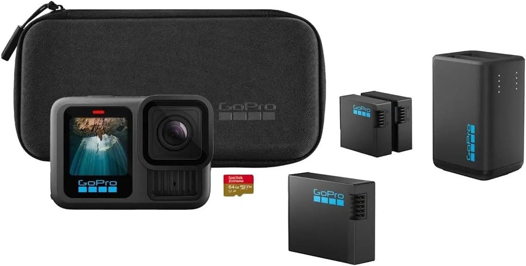 Kit caméra d'action GoPro HERO13 Black avec 3 batteries Enduro, double chargeur, carte microSD 64 Go et kit d'accessoires – Vidéo Ultra HD 5,3K, HyperSmooth 6.0, résistant à l’eau.