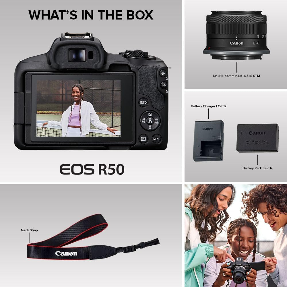 Appareil photo hybride Canon EOS R50, kit objectif RF-S 18-45 mm F4.5-6.3 IS STM, capteur CMOS 24,2 mégapixels (APS-C), vidéo 4K, monture RF, - Noir. Idéal pour la photo, la vidéo et le vlogging.