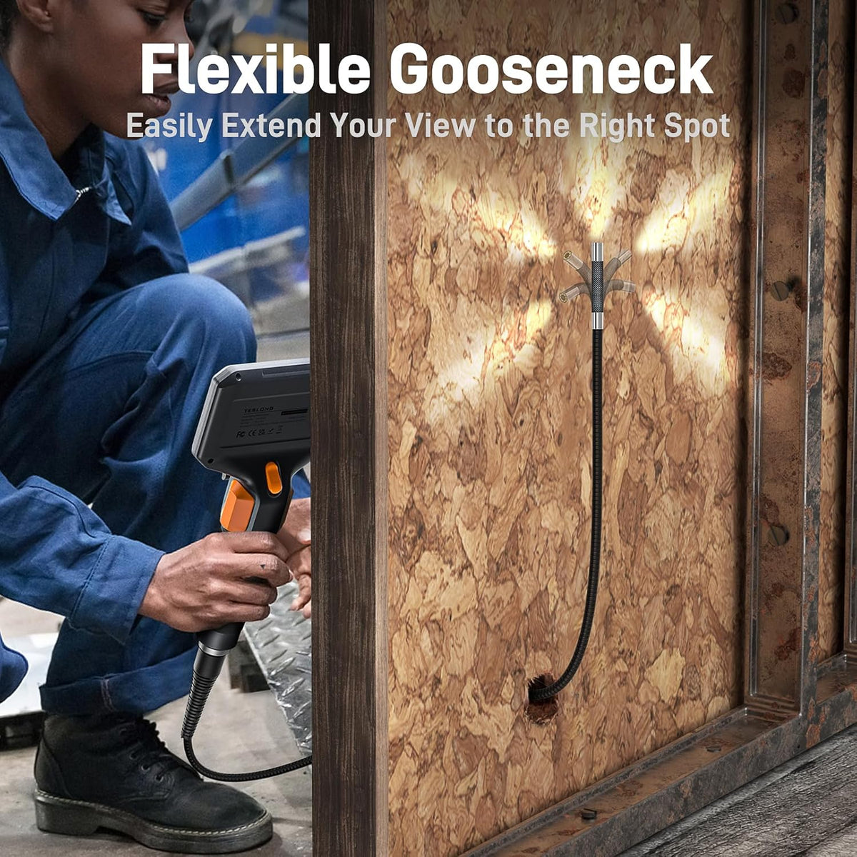 Endoscope articulé bidirectionnel Teslong avec lumière, caméra d'inspection industrielle avec sonde articulée, caméra endoscopique flexible à fibre optique pour l'inspection murale et des moteurs automobiles - 1,5 m – Présentation