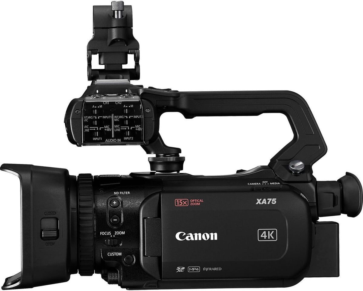 Caméscope professionnel Canon XA75 UHD 4K doté de zoom optique 15x, capteur CMOS 1 pouce, double sortie audio XLR, sorties SDI et HDMI, autofocus Dual Pixel, USB-C, streaming en direct et stabilisation 5 axes (inclus).