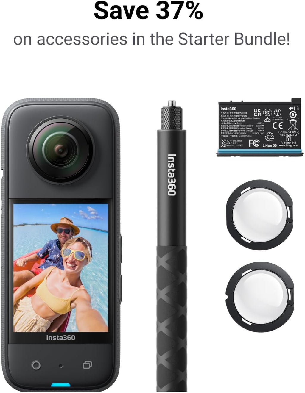 Kit de démarrage Insta360 X3 - Caméra sportive 360° résistant à l’eau avec capteur 1/2 pouce, vidéos 360° 5,7K, 72 MP, stabilisation vidéo, écran tactile 2,29 pouces, retour haptique, montage IA, streaming en direct