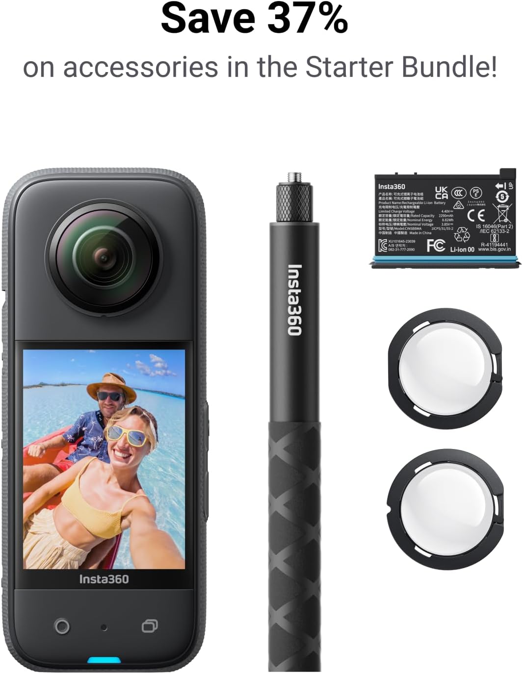 Kit de démarrage Insta360 X3 - Caméra sportive 360° résistant à l’eau avec capteur 1/2 pouce, vidéos 360° 5,7K, 72 MP, stabilisation vidéo, écran tactile 2,29 pouces, retour haptique, montage IA, streaming en direct