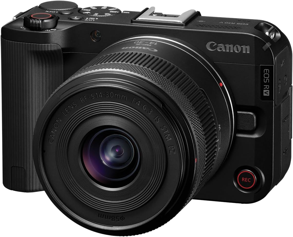 Appareil photo hybride Canon EOS R50 V doté de objectif RF-S 14-30 mm F4-6.3 IS STM PZ, capteur APS-C, 24,2 mégapixels, zoom ultra grand-angle, autofocus rapide, kit idéal pour le vlogging et le streaming en direct, noir.