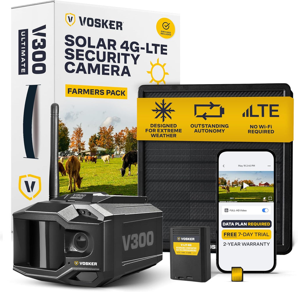 Caméra de surveillance extérieure Vosker V300 Ultimate Farmers Kit avec panneau solaire externe pour fermes, pâturages et serres, 4G LTE, - Noire, unité unique avec batterie