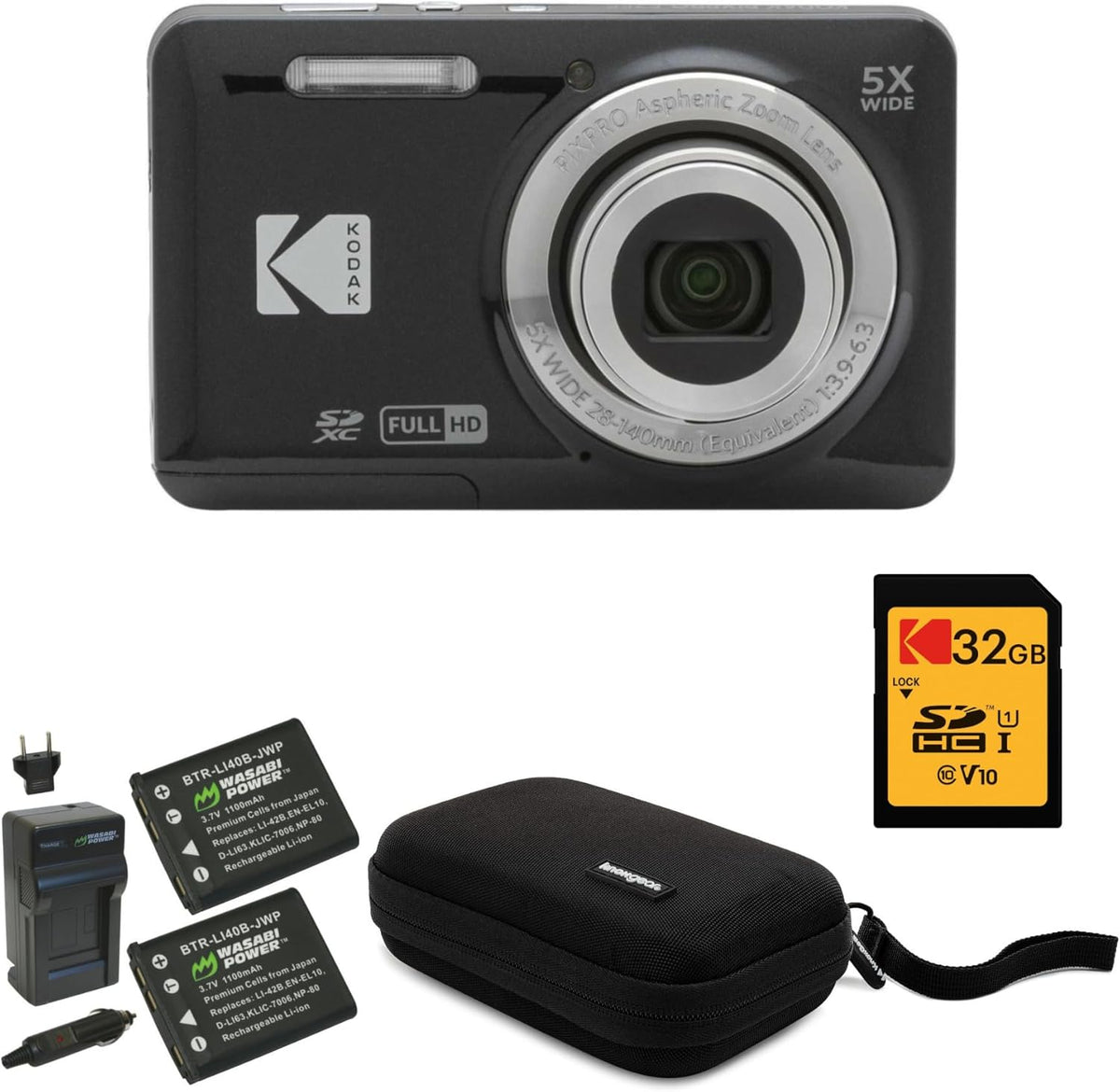 Appareil photo digital Kodak PIXPRO Friendly Zoom FZ55 (noir) doté de carte SD 32 Go, étui et chargeur de voyage (4 articles)