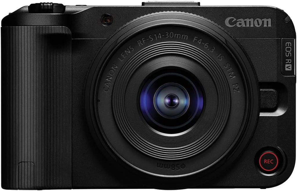 Appareil photo hybride Canon EOS R50 V doté de objectif RF-S 14-30 mm F4-6.3 IS STM PZ, capteur APS-C, 24,2 mégapixels, zoom ultra grand-angle, autofocus rapide, kit idéal pour le vlogging et le streaming en direct, noir.