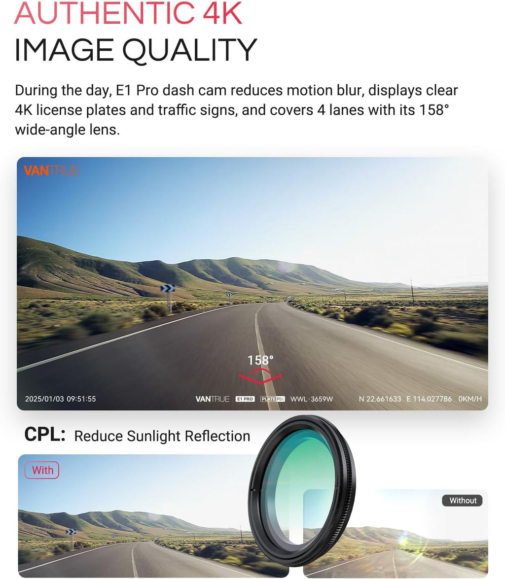 Caméra embarquée Vantrue E1 Pro 4K Mini avec vision nocturne HDR PlatePix, WiFi 5G intégré, GPS, écran IPS 1,54'', commande vocale, enregistrement en continu 24h/24 et 7j/7, mode parking, prise en charge jusqu'à 1 To de mémoire – Présentation