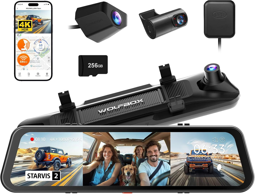 WOLFBOX G900 Tripro Cabine Version Caméra de rétroviseur 4K 3 canaux, capteur STARVIS IMX678 8MP, vision nocturne 4K+1080P+2,5K, caméra embarquée avant et arrière, Wi-Fi 5,8 GHz, commande vocale, carte de stockage 256 Go incluse