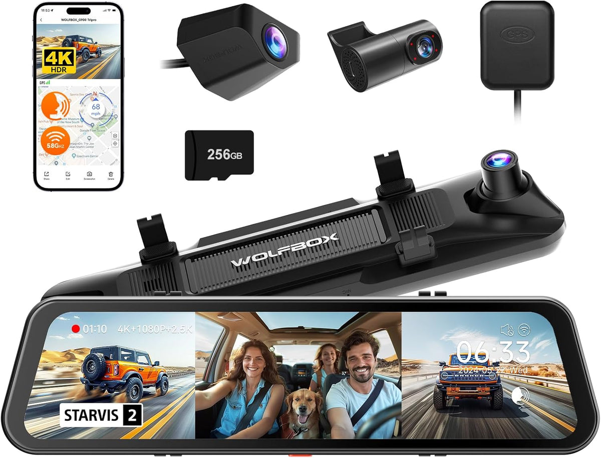 WOLFBOX G900 Tripro Cabine Version Caméra de rétroviseur 4K 3 canaux, capteur STARVIS IMX678 8MP, vision nocturne 4K+1080P+2,5K, caméra embarquée avant et arrière, Wi-Fi 5,8 GHz, commande vocale, carte de stockage 256 Go incluse