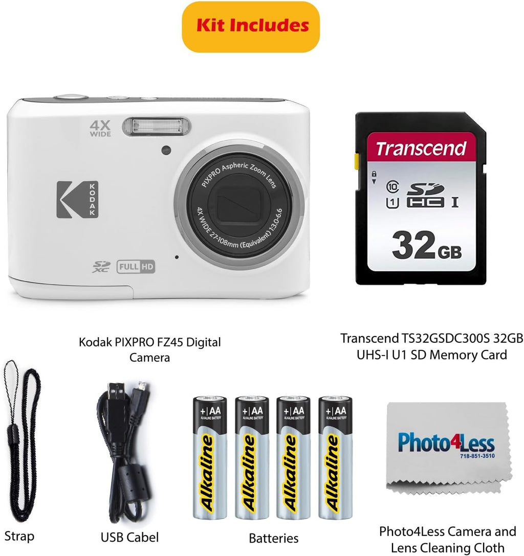 Appareil photo numérique KODAK PIXPRO FZ45 16 MP doté de zoom optique 4x, grand angle 27 mm et écran LCD 2,7 pouces. Livré doté de carte mémoire SD 32 Go, piles AA (lot de 4) et chiffon de nettoyage pour objectif (blanc).