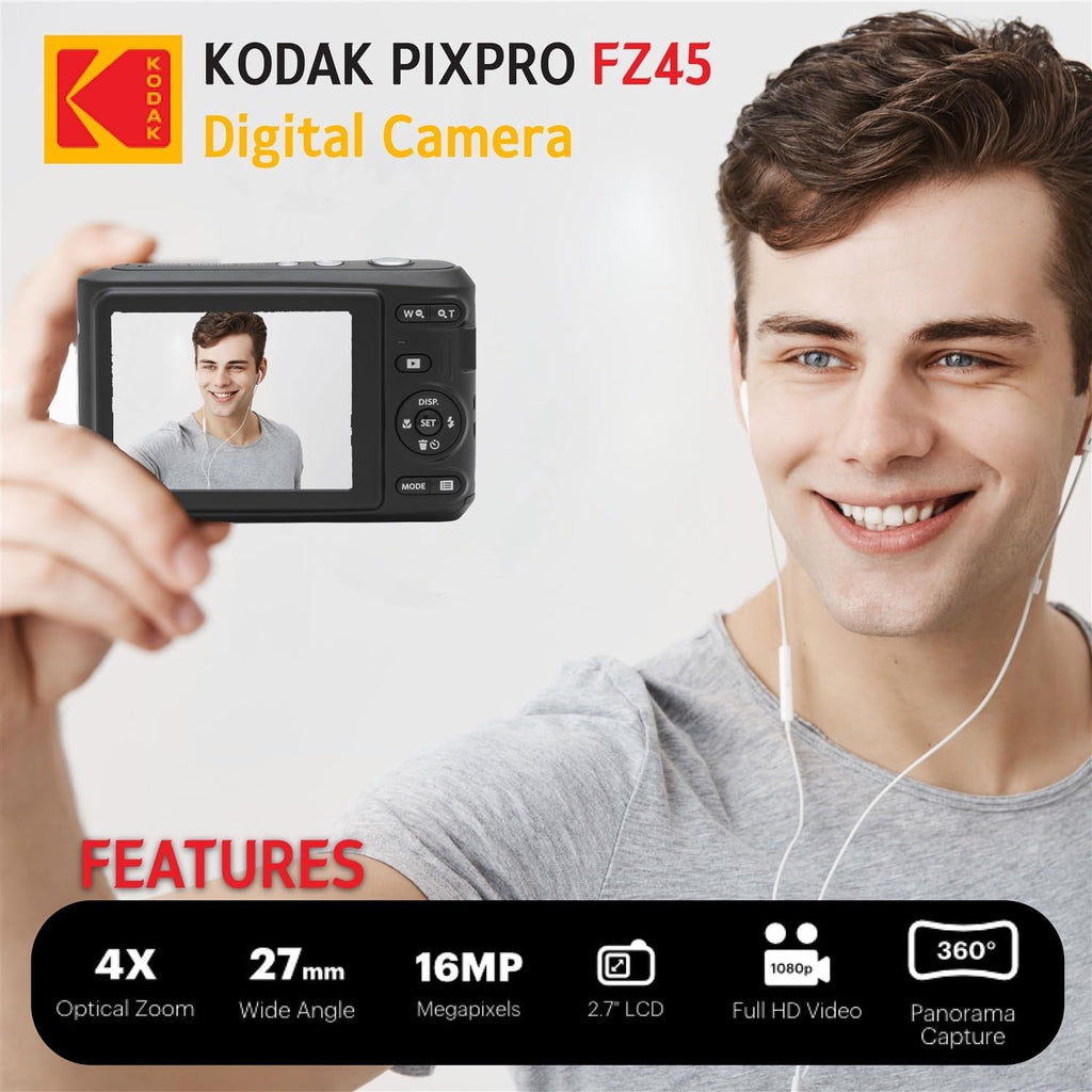 Kodak PIXPRO FZ45 Appareil photo numérique, carte mémoire 32 Go, étui, monopode extensible, stylo de nettoyage d'objectif, protections d'écran LCD, trépied de table – Pack ultime (– Noir)