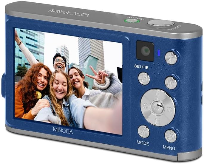Appareil photo digital Minolta 48 MP avec objectif selfie arrière – Vidéo 4K Ultra HD, écran LCD 2,8 pouces, zoom numérique 16x, autofocus, ralenti, filtres time-lapse, modes scène, carte 32 Go incluse (bleu)
