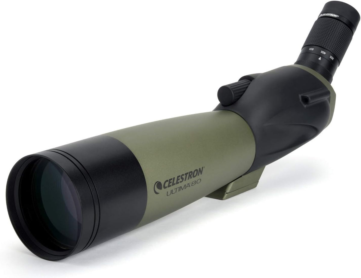 Télescope réfracteur coudé Celestron 52250 Ultima 20-60x80 mm doté de optiques multicouches, tube en caoutchouc résistant à l’eau et étui de transport souple vert