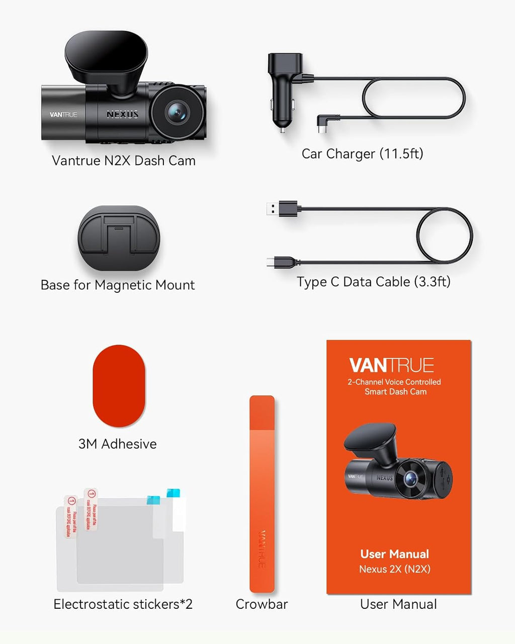 Caméra embarquée Vantrue N2X 2.7K (avant et intérieur) avec double caméra WiFi 5G, vision nocturne infra– Rouge HDR, STARVIS 2, GPS, enregistrement vidéo 2.5K/60 ips, capteur G, mode parking 24h/24 et 7j/7, commande vocale