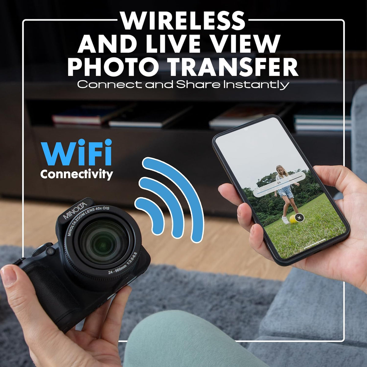 Appareil photo numérique Minolta MN40Z 20 MP – Zoom optique 40x, vidéo Full HD 1080p, écran LCD 3 pouces, Wi-Fi, détection des visages, des sourires et des clignements d'yeux - Noir