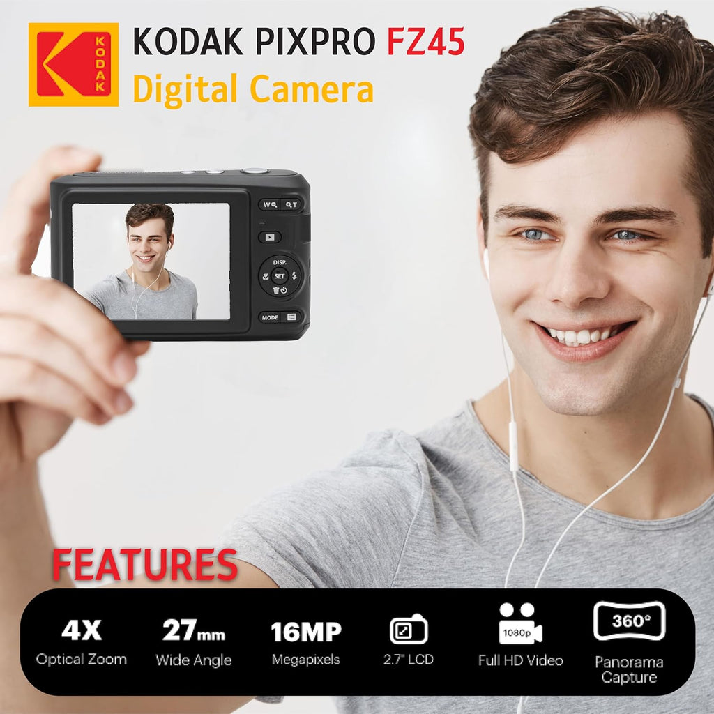 Appareil photo numérique KODAK PIXPRO FZ45 16 MP doté de zoom optique 4x, grand angle 27 mm et écran LCD 2,7 pouces. Livré doté de carte mémoire SD 32 Go, piles AA (lot de 4) et chiffon de nettoyage pour objectif (blanc).