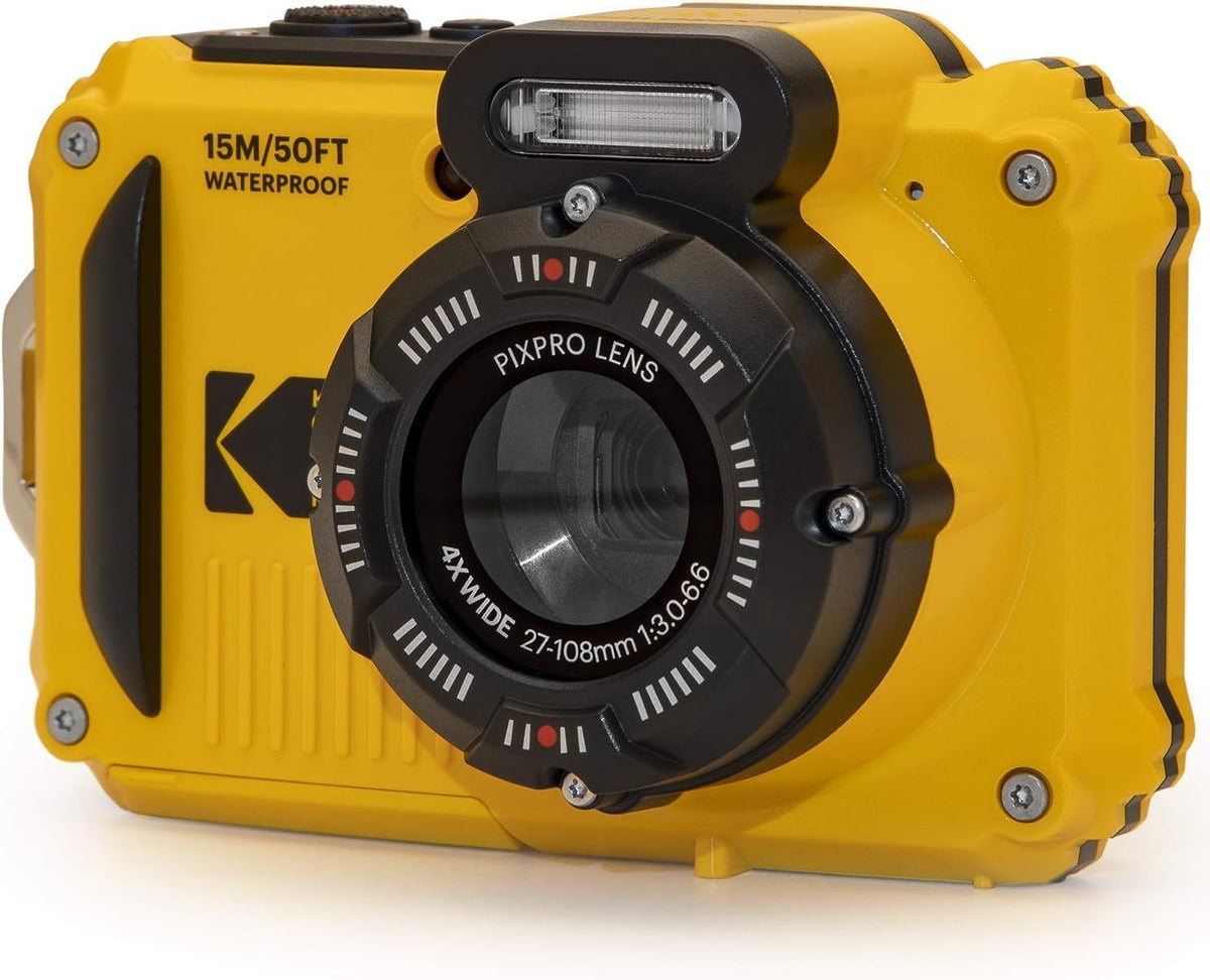 Kodak PIXPRO WPZ2 Appareil photo digital robuste, résistant à l’eau et antichoc 16 MP, grossissement optique 4x, vidéo Full HD 1080p, écran LCD 2,7 pouces (jaune), carte SD 32 Go, étui compact - Noir, dragonne flottante (lot de 7)