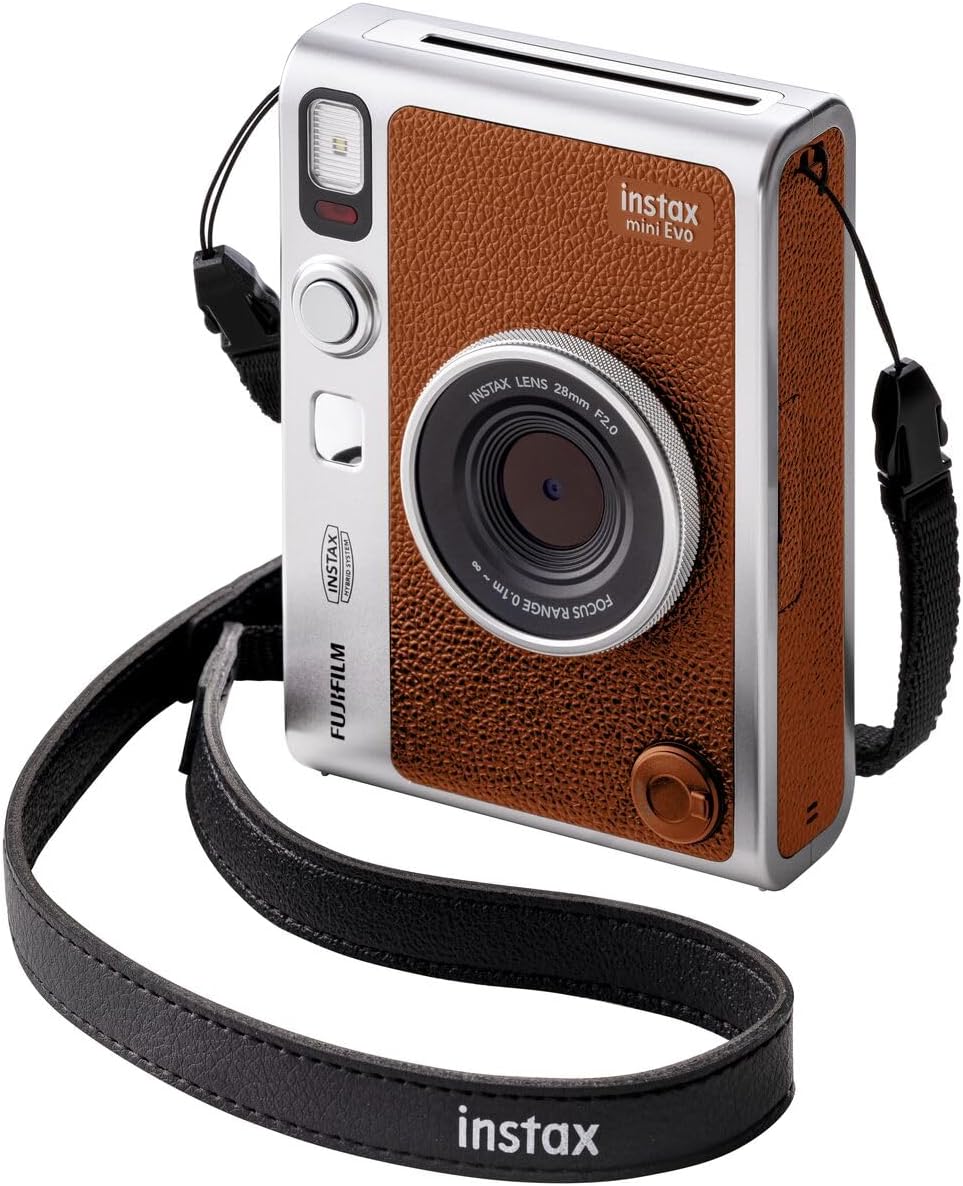 Appareil photo instantané Fujifilm Instax Mini EVO Hybrid marron | Kit de 2 films instantanés Instax Mini | Carte microSD 32 Go avec adaptateur | Étui marron pour appareil photo