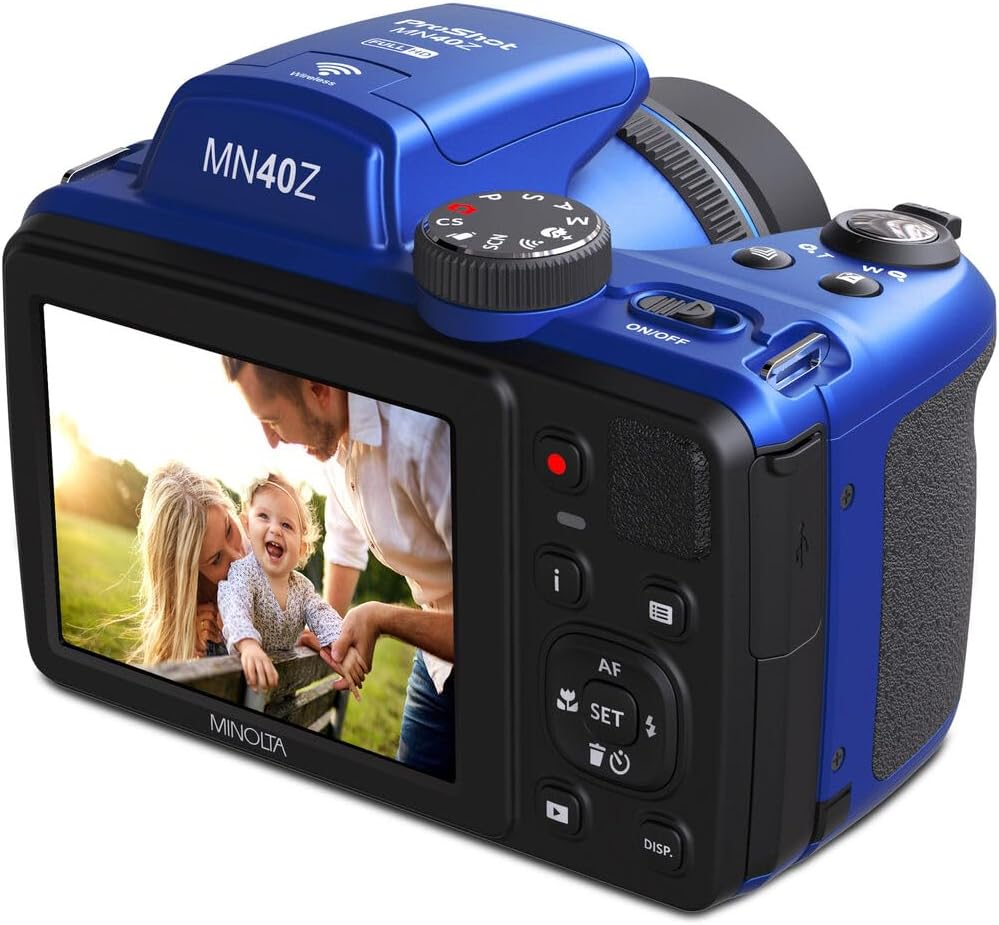 Appareil photo numérique MINOLTA MN40Z 20 mégapixels, zoom optique 40x, vidéo Full HD 1080p, bleu. Pack comprenant : carte mémoire 64 Go, trépied pour vlogging, 4 piles AA doté de chargeur et accessoires.
