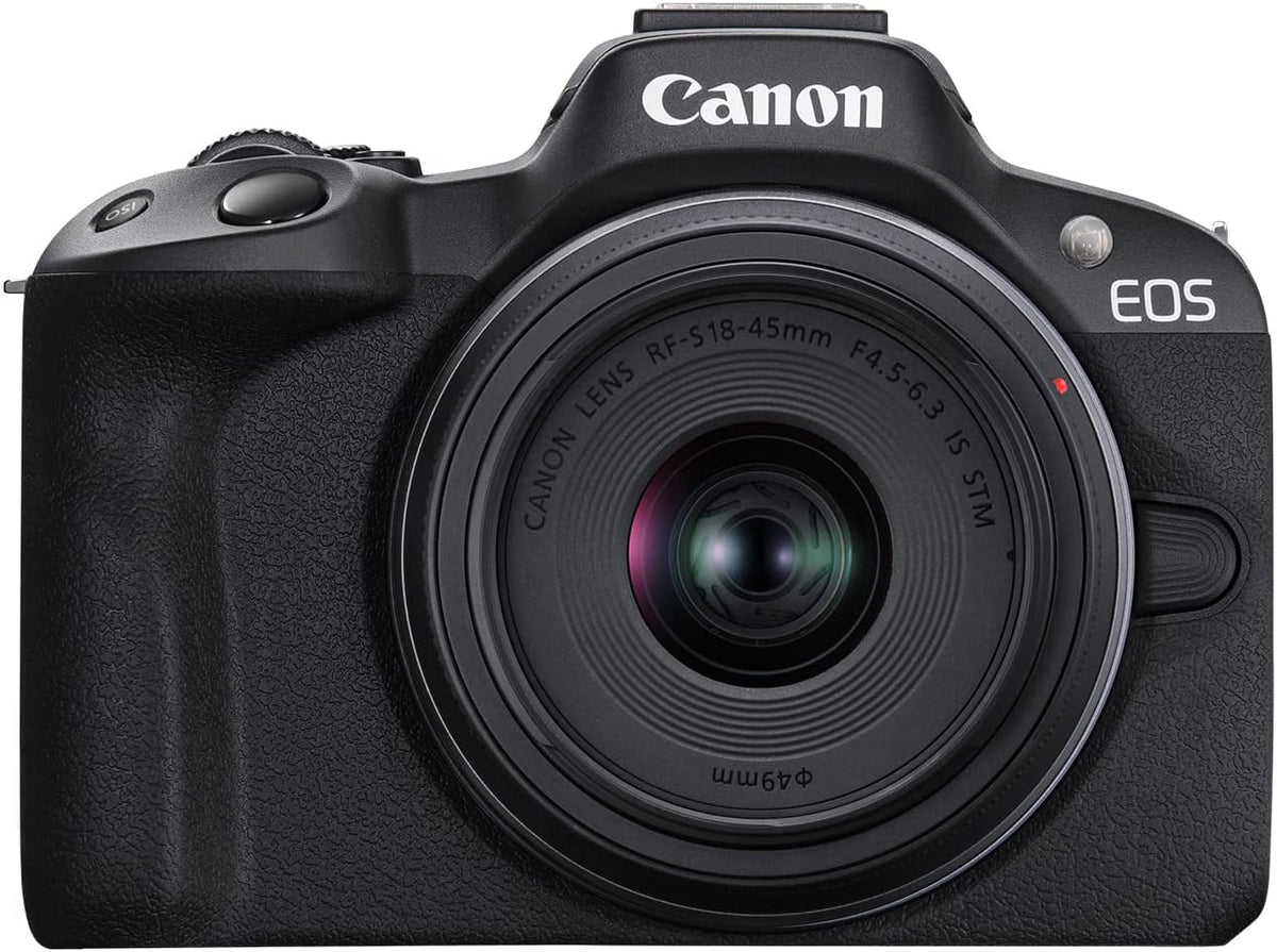 Appareil photo hybride Canon EOS R50, kit objectif RF-S 18-45 mm F4.5-6.3 IS STM, capteur CMOS 24,2 mégapixels (APS-C), vidéo 4K, monture RF, - Noir. Idéal pour la photo, la vidéo et le vlogging.