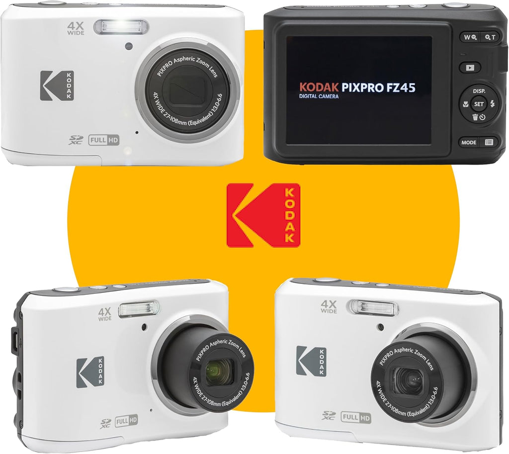 Appareil photo numérique KODAK PIXPRO FZ45 16 MP doté de zoom optique 4x, grand angle 27 mm et écran LCD 2,7 pouces. Livré doté de carte mémoire SD 32 Go, piles AA (lot de 4) et chiffon de nettoyage pour objectif (blanc).