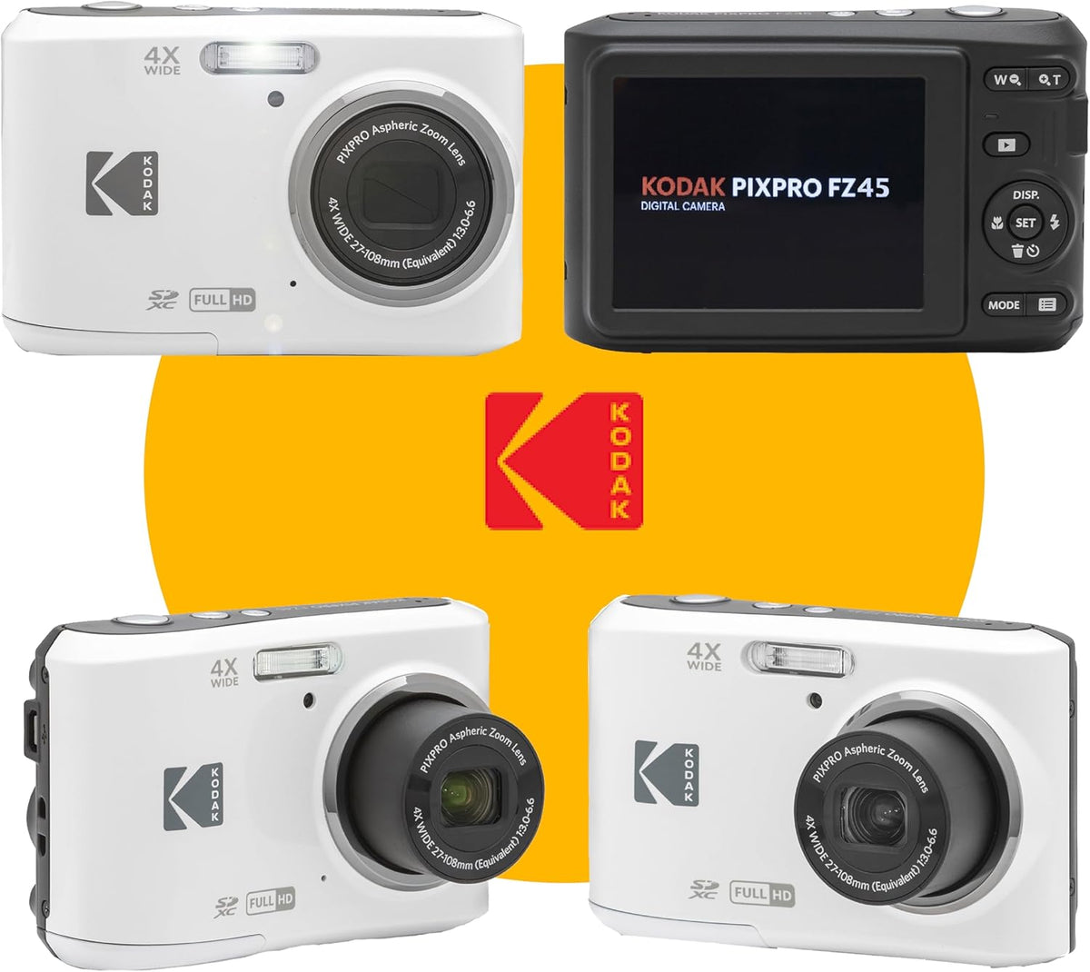 Appareil photo numérique KODAK PIXPRO FZ45 16 MP doté de zoom optique 4x, grand angle 27 mm et écran LCD 2,7 pouces. Livré doté de carte mémoire SD 32 Go, piles AA (lot de 4) et chiffon de nettoyage pour objectif (blanc).