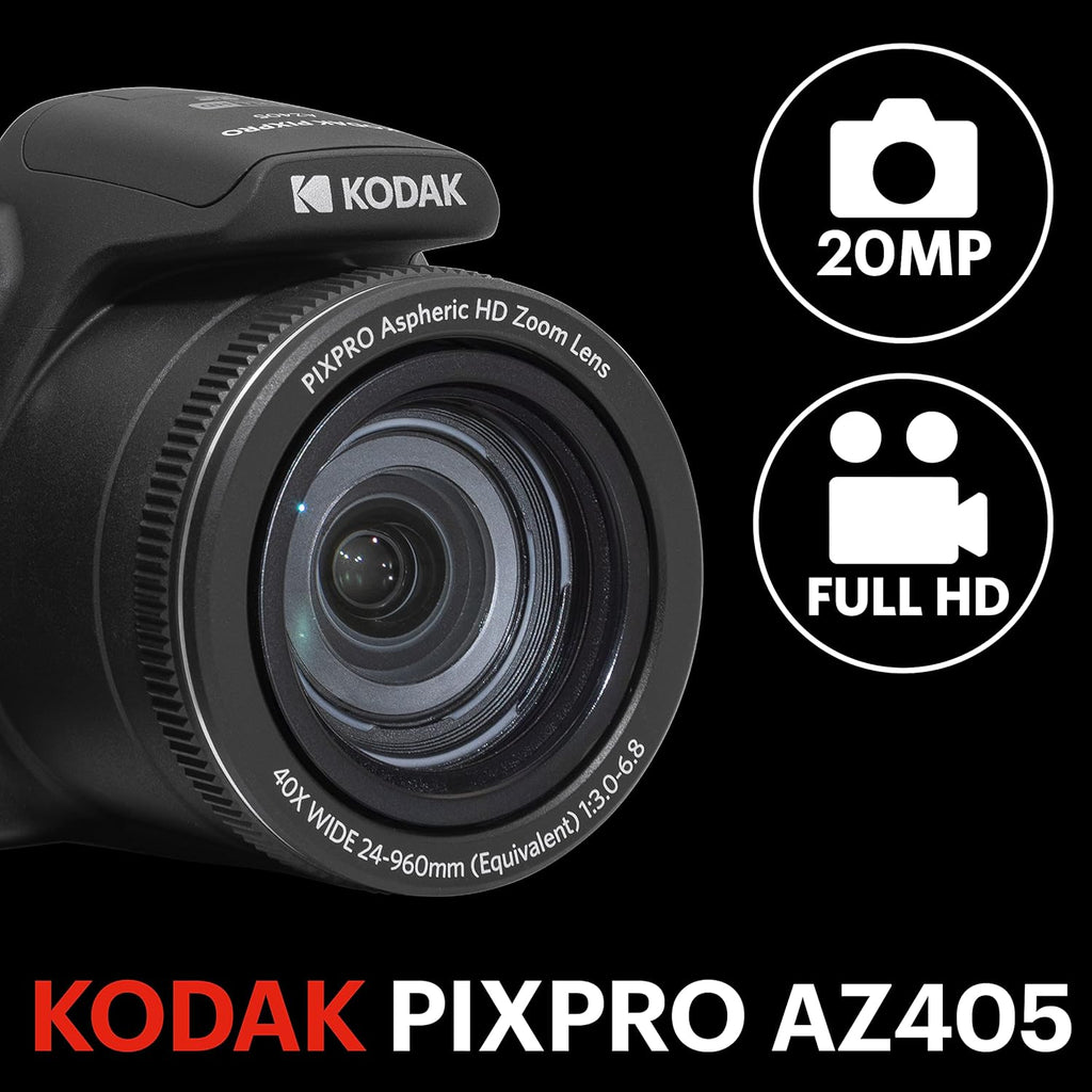 Appareil photo digital Kodak PIXPRO AZ405-BK 20 MP, zoom 40x, objectif à large champ 24 mm, stabilisation vidéo, vidéo Full HD 1080p, écran LCD 3 pouces, - Noir