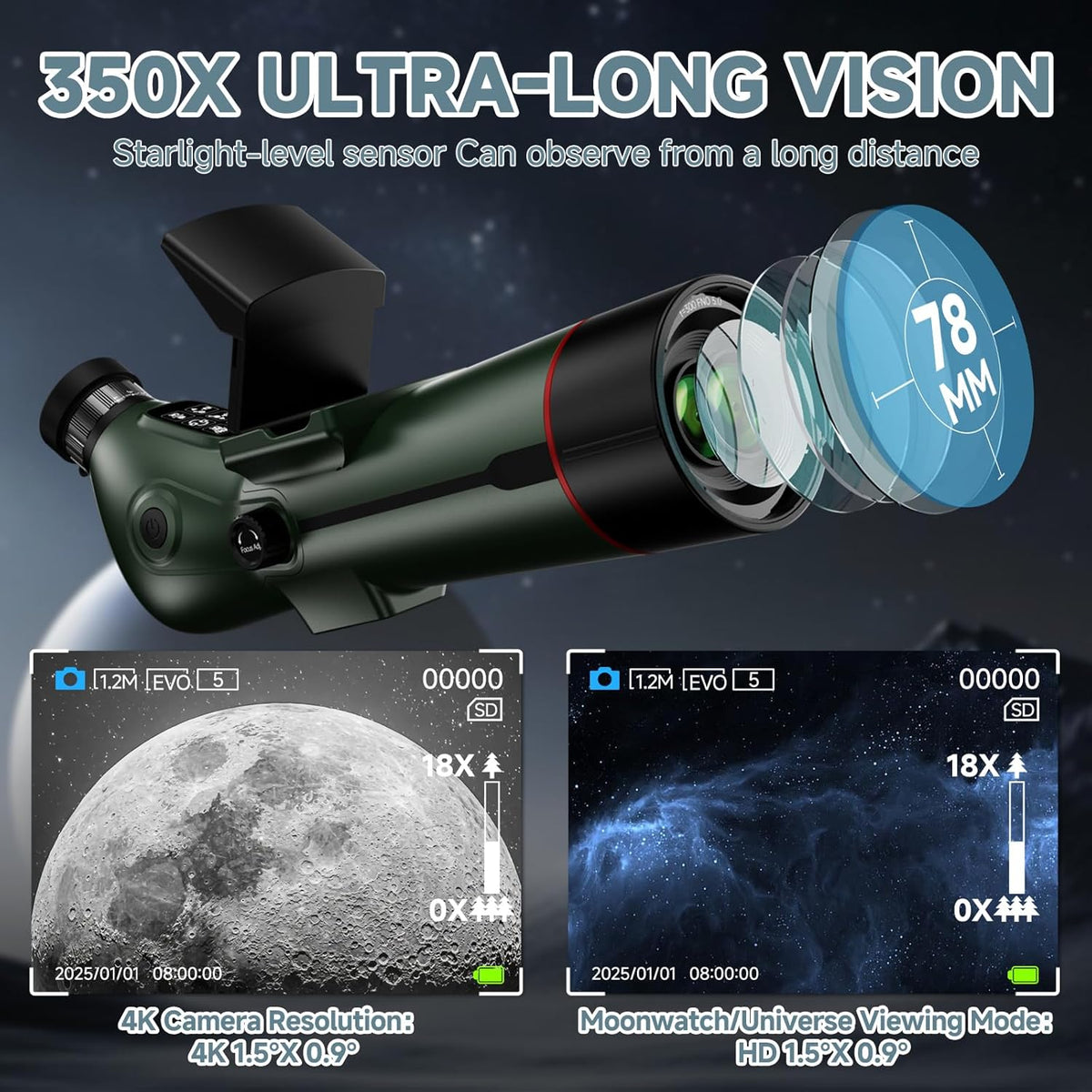 Lunette/télescope intelligent professionnel réfracteur à mise au point automatique, télescope électronique numérique portable doté de caméra astrophotographique 4K, double écran interne et externe