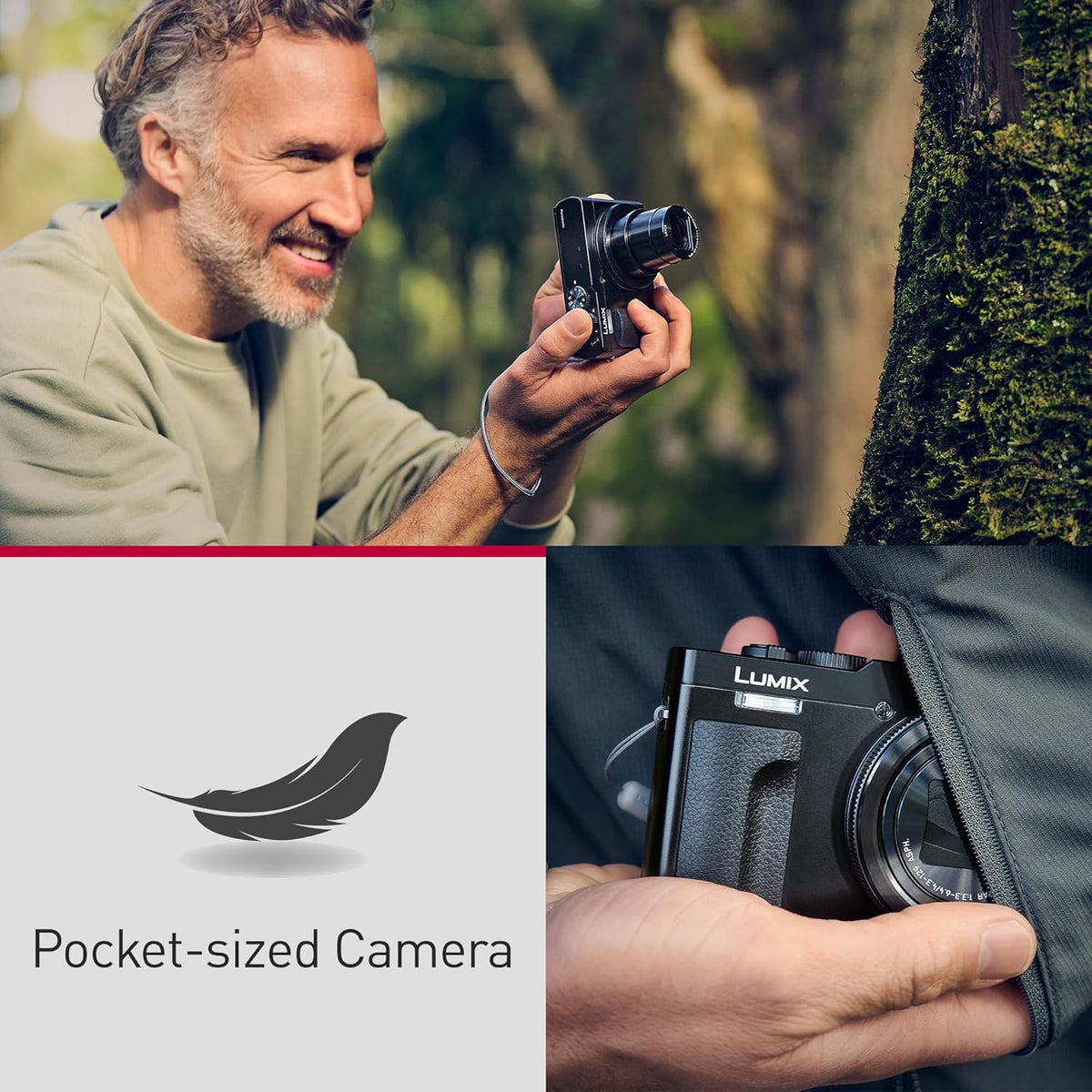 Appareil photo compact Panasonic LUMIX ZS99, adapté à les voyages, doté de zoom 30x, objectif 24-720 mm et vidéo/photo 4K. Parfait pour les voyages et les concerts. DC-ZS99