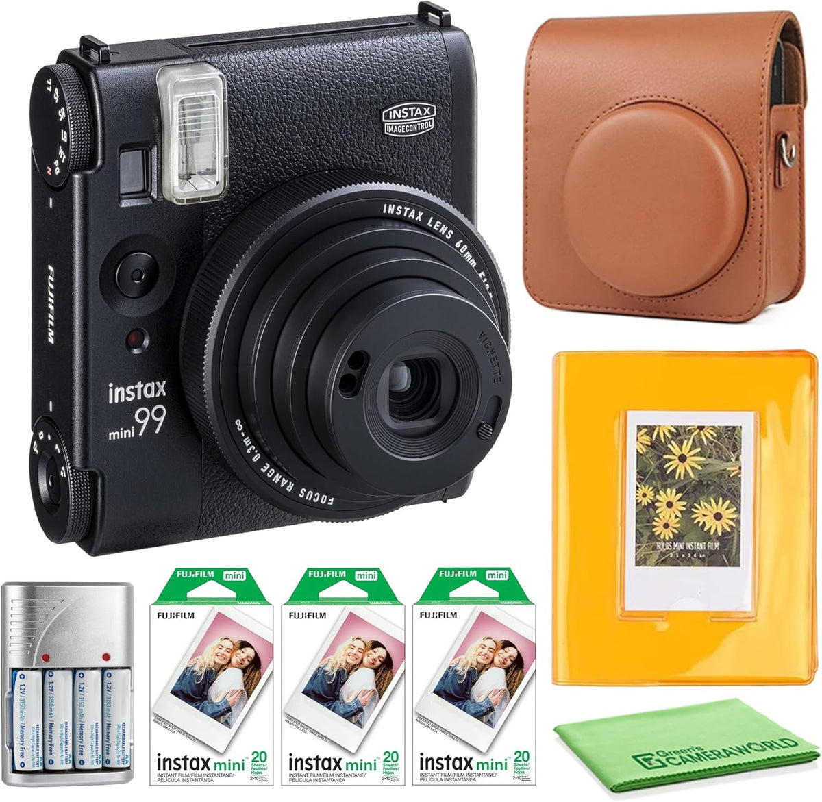 Appareil photo instantané Fujifilm Instax Mini 99, pack économique de 60 films instantanés Fuji Instax Mini, étui de transport marron, album photo 64 pochettes et plus encore – Présentation