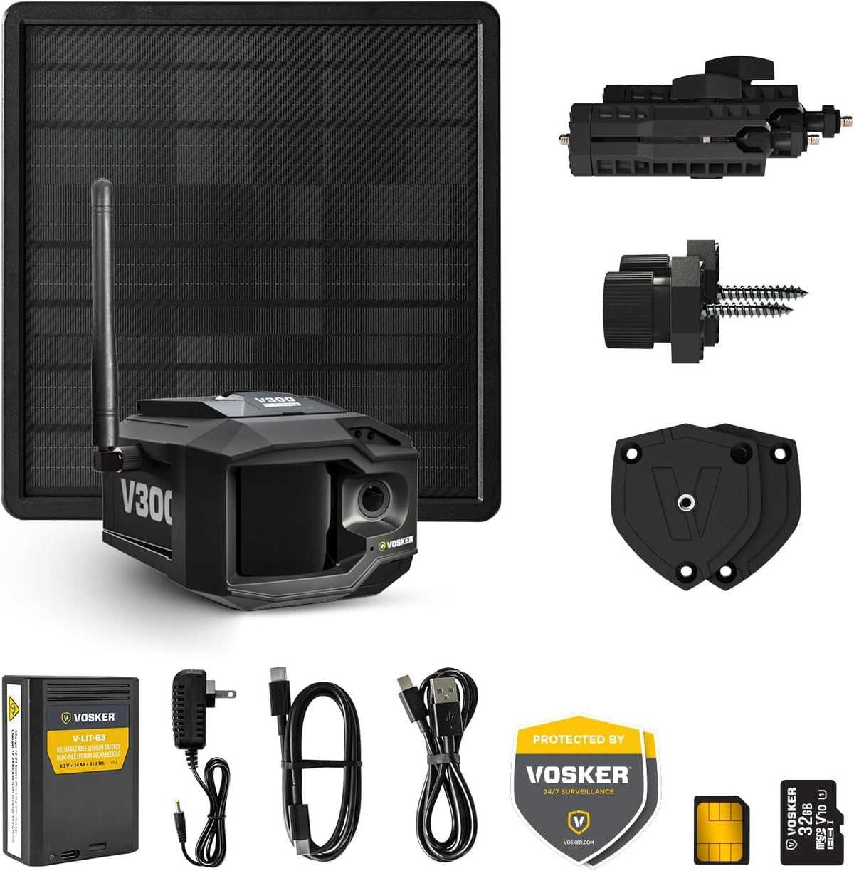 Caméra de surveillance extérieure Vosker V300 Ultimate Farmers Kit avec panneau solaire externe pour fermes, pâturages et serres, 4G LTE, - Noire, unité unique avec batterie